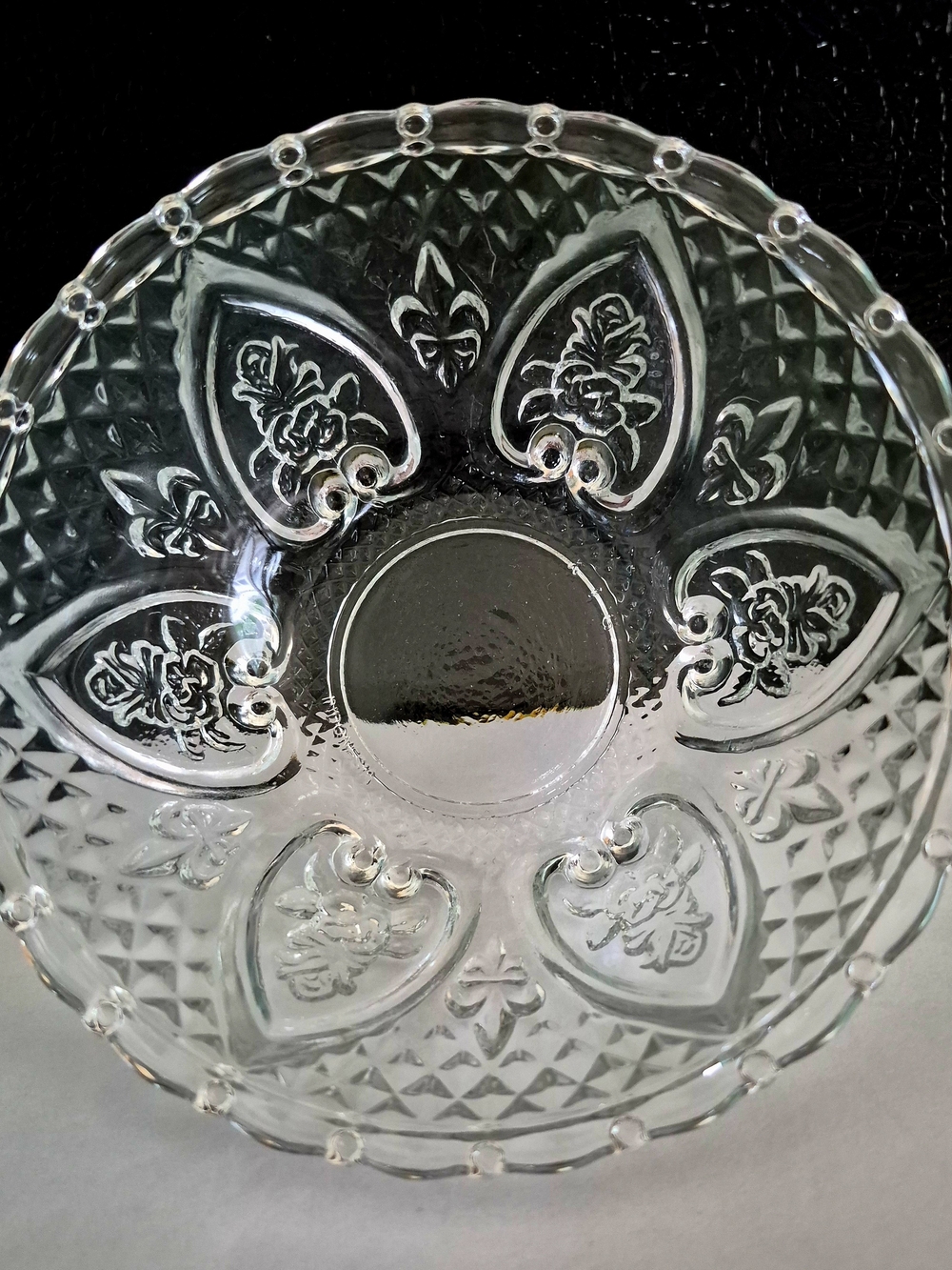 KIG Hearts and Roses Pressed Glass Bowl Clear